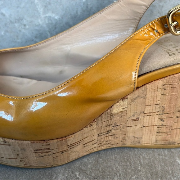 Tan patent-leather peep-toe wedges - Picture 7 of 14